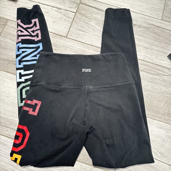 Victorias Secret PINK Size S Yoga Leggings Black Rainbow Logo High Waist - Picture 2 of 7